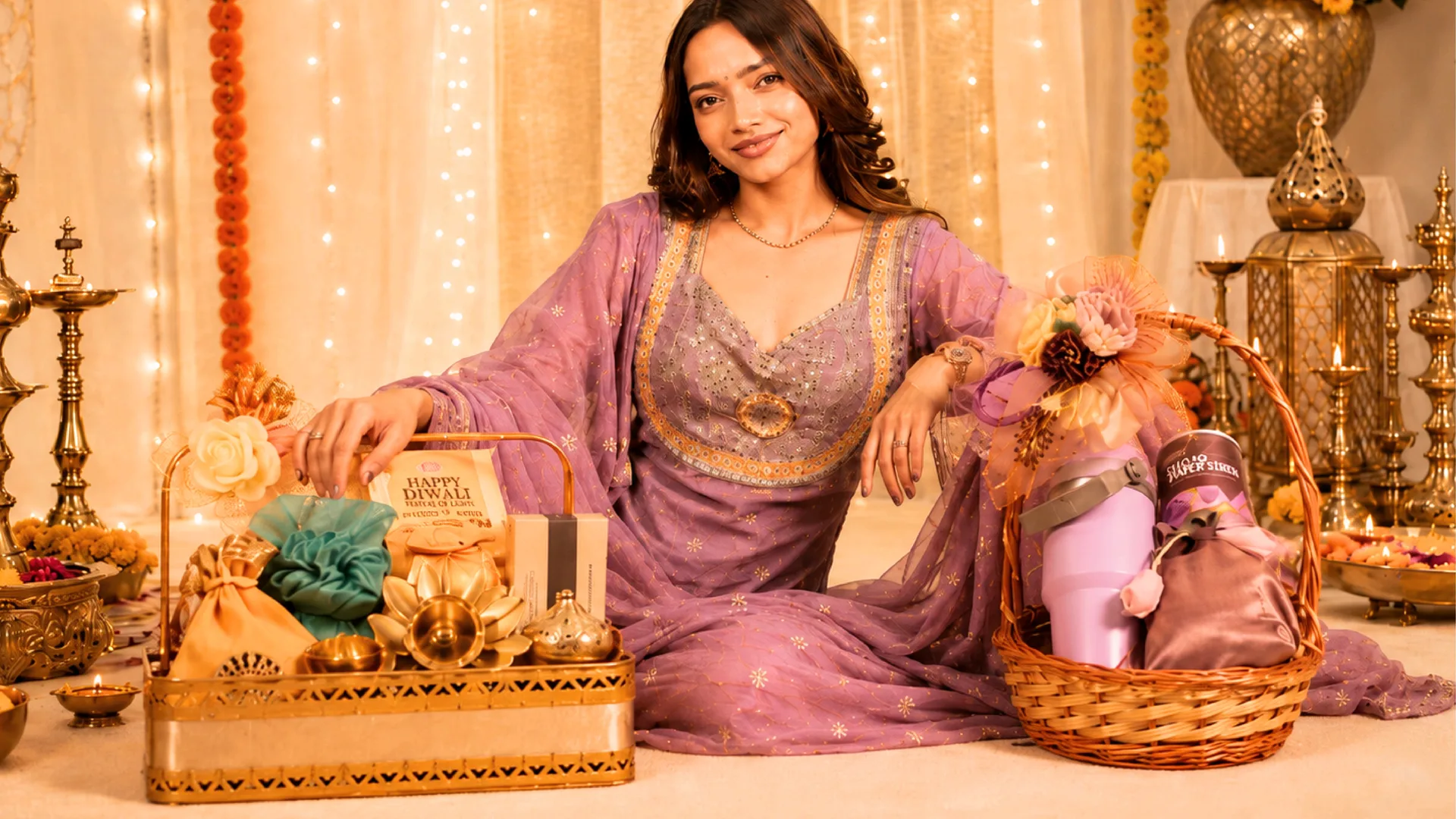 CANE BASKET WITH PURPLE TUMBLER HAMPER