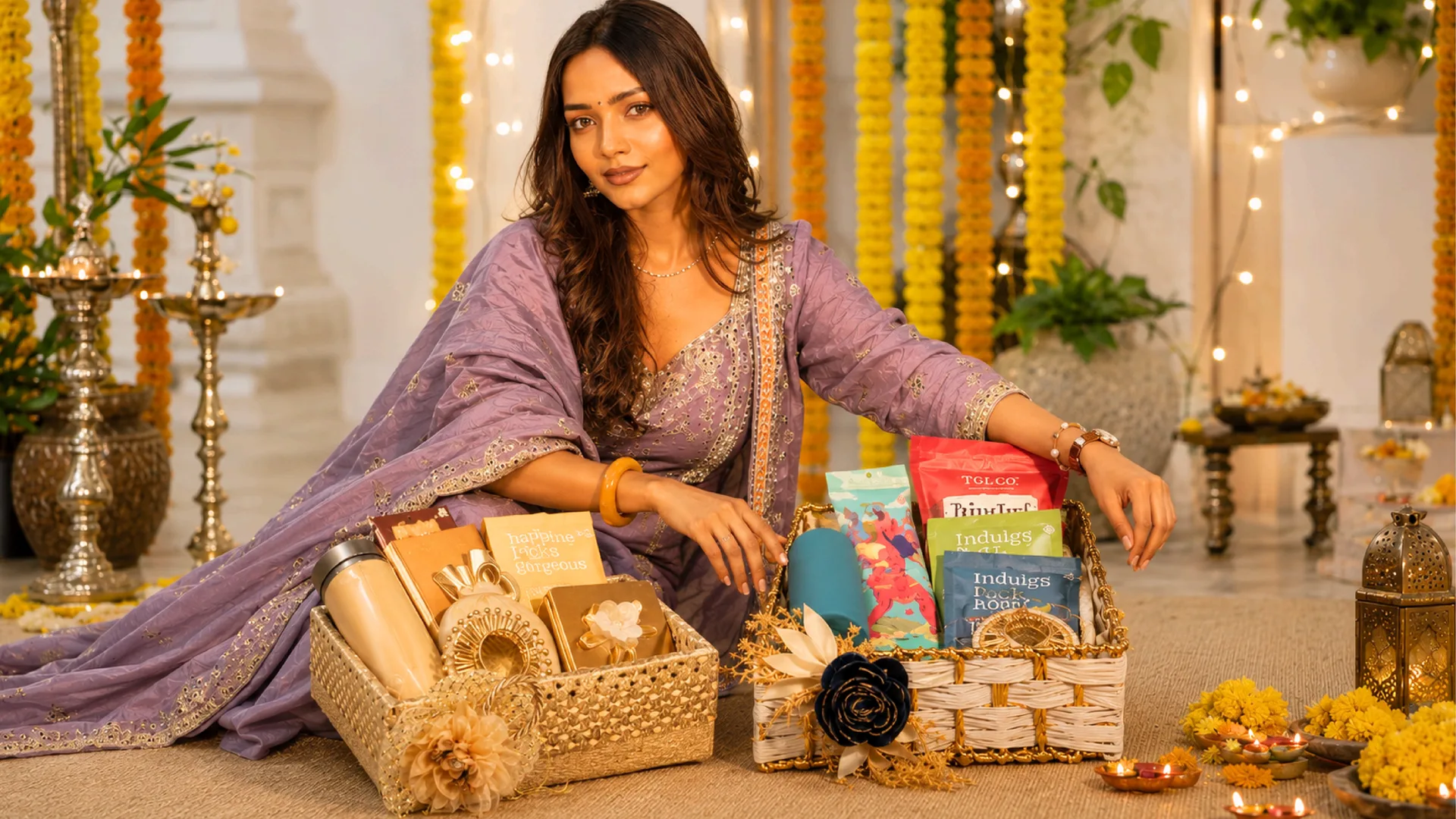 METALIC CANE BASKET HAMPER WITH PHOOL AGARBATTI