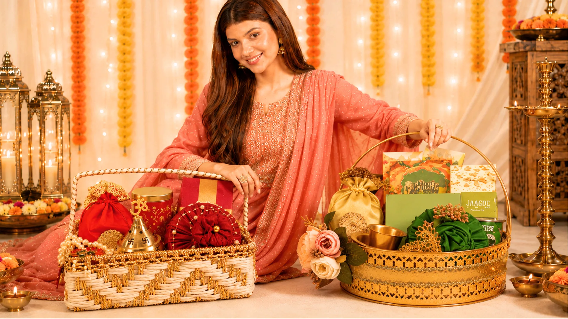 PREMIUM CANE BASKET HAMPER WITH TRISHUL BELL
